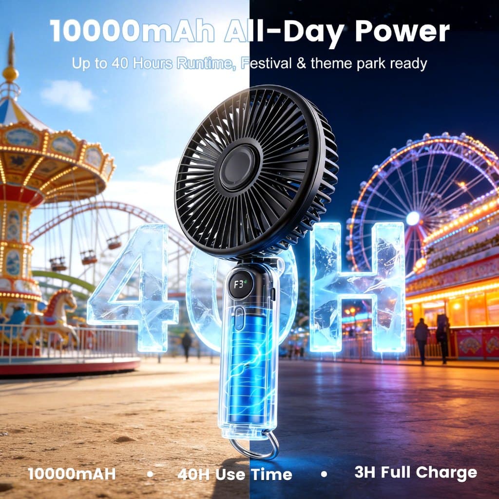 Qimedo พัดลมมือถือ เงียบ - 10000mAh ชาร์จใหม่ได้ จอแสดงผล LED 5 สปีด พัดลมพกพา มินิ USB สำหรับเดินทาง สำนักงาน กลางแจ้ง รูปที่ 5