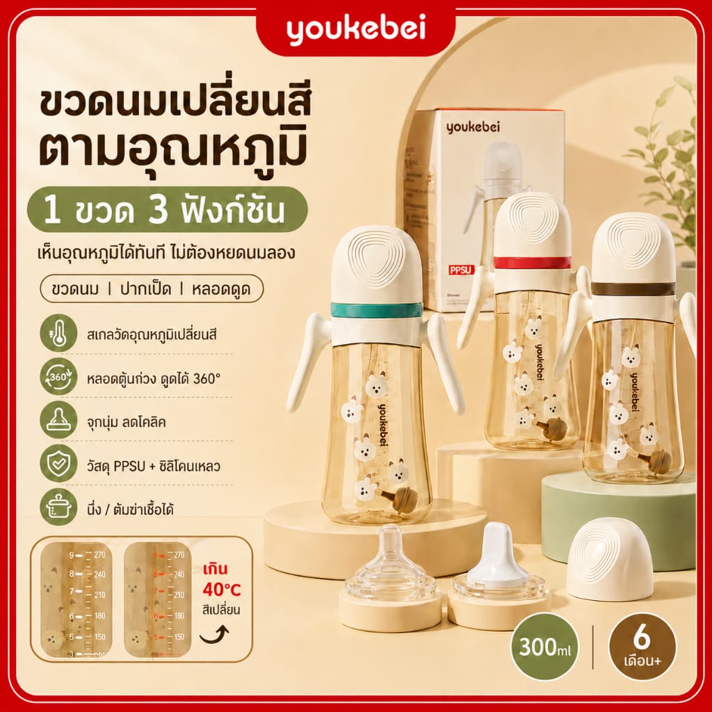 Youkebei ขวดนม PPSU สำหรับทารก 0-6 เดือน และ 1 ปีขึ้นไป ใส่น้ำ นมได้ มีด้ามจับกันลื่น พร้อมหลอดดูด รูปที่ 1