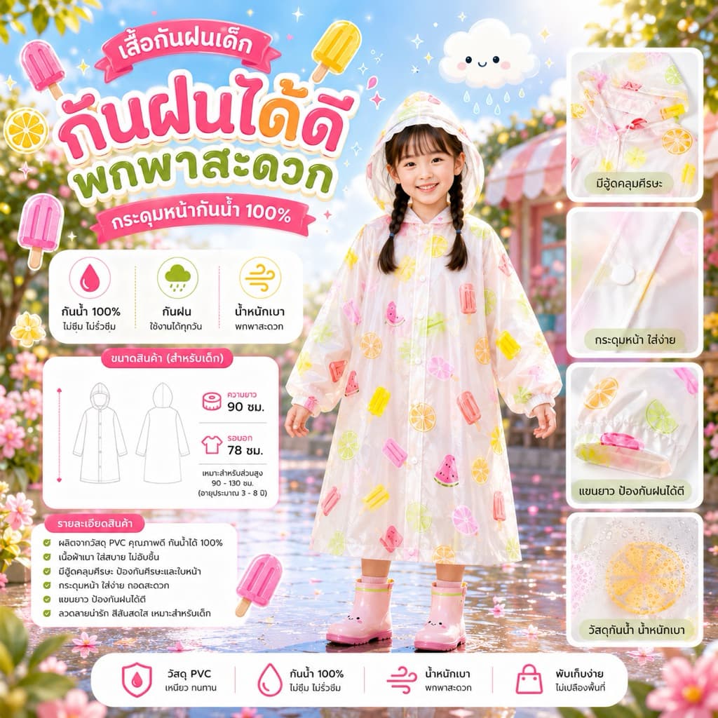 เสื้อกันฝนเด็ก PVC ลายน่ารัก กันน้ำ 100% พร้อมฮู้ด แขนยาว พกพาง่าย รูปที่ 2