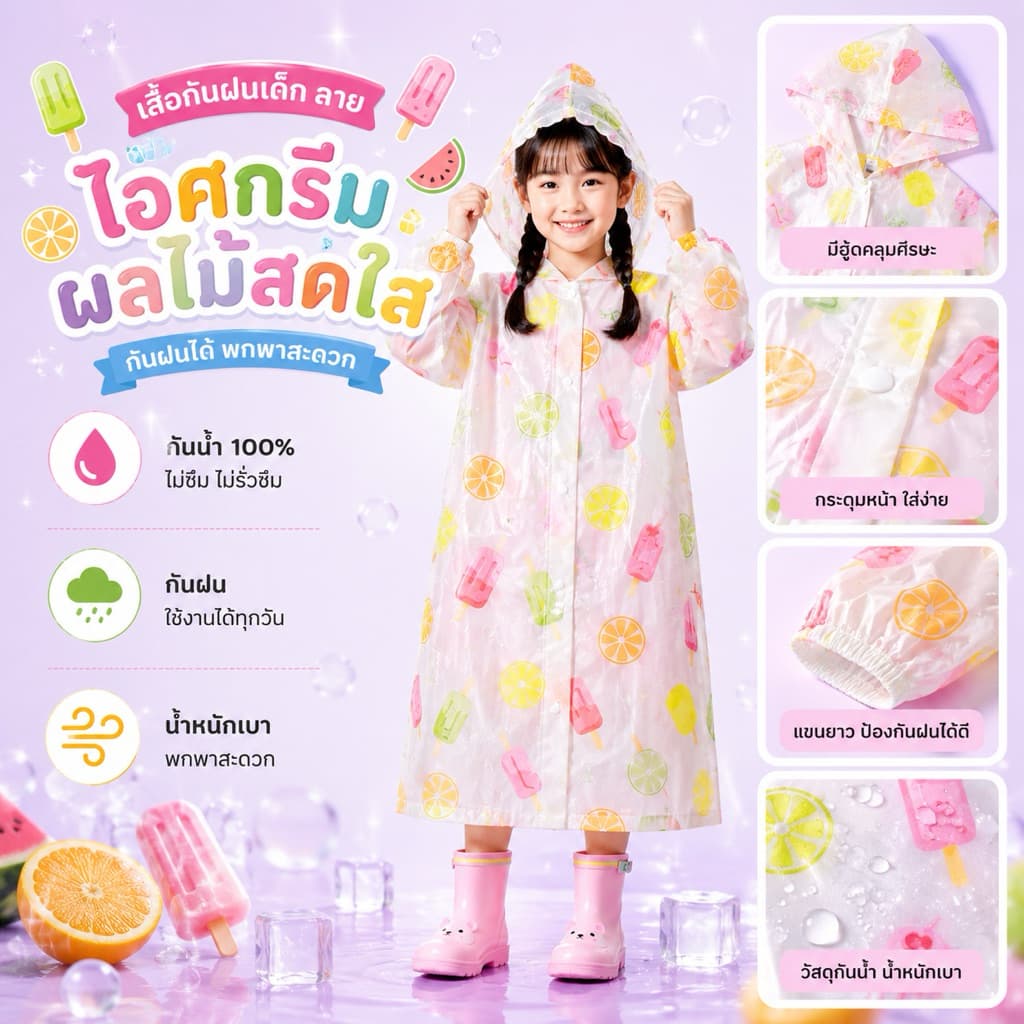 เสื้อกันฝนเด็ก PVC ลายน่ารัก กันน้ำ 100% พร้อมฮู้ด แขนยาว พกพาง่าย รูปที่ 3