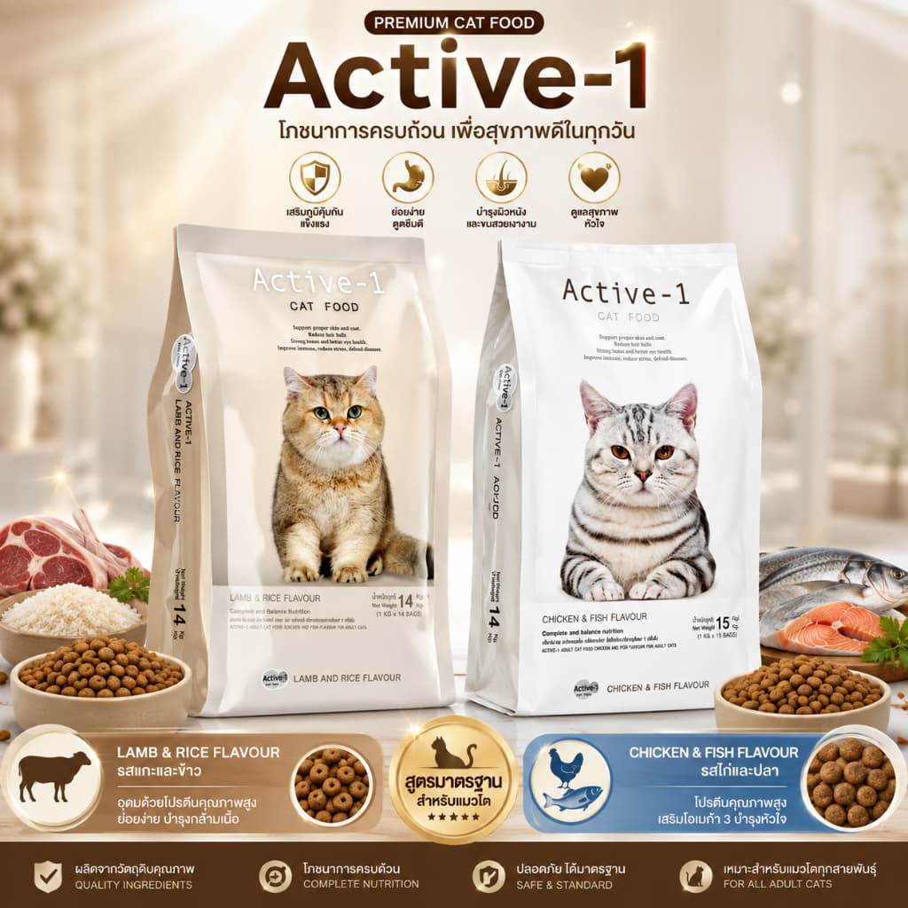 อาหารแมว Active-1 เกรดพรีเมี่ยมขนาด 14-15 กก. สำหรับแมวอายุ 4 เดือนขึ้นไป ไม่เค็ม โซเดียมต่ำ รูปที่ 1