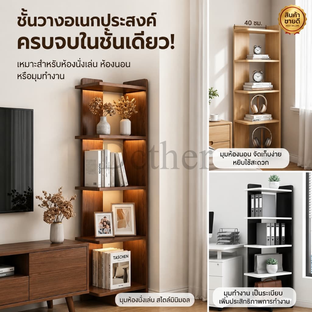 DC ชั้นวางหนังสือ 120cm 5ชั้น สีไม้/ขาว/สีดำและสีขาว วางไว้ที่มุม ชั้นวางของห้องครัว การเก็บรักษาอาหาร รูปที่ 9