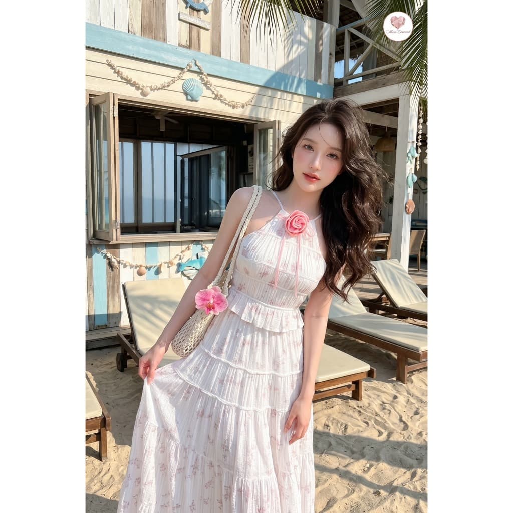 สีขาวชมพู Good Vibes Dress เดรสยาวสายเดี่ยว เข็มกลัดดอกไม้ ผ้าคอตตอนเนื้อนิ่มพิมพ์ลาย สายปรับระดับได้ รูปที่ 3