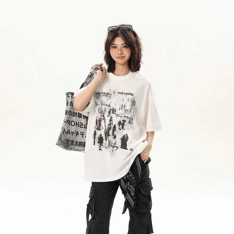 เสื้อยืดคอกลมลายพิมพ์แบรนด์ฮิต สไตล์อเมริกันไฮสตรีท ฤดูร้อน ใส่ได้ทั้งคู่รัก ทรงหลวมแขนสั้นผู้หญิง แต่งตัวแมตช์ง่าย รูปที่ 6