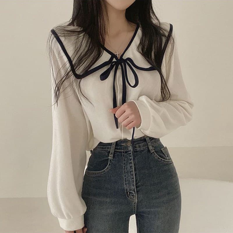 เสื้อเชิ้ตแขนยาวคอปกผูกโบว์น่ารัก Chiffon dolly top relaxed ดีไซน์โบว์ สไตล์เกาหลีญี่ปุ่น รูปที่ 4