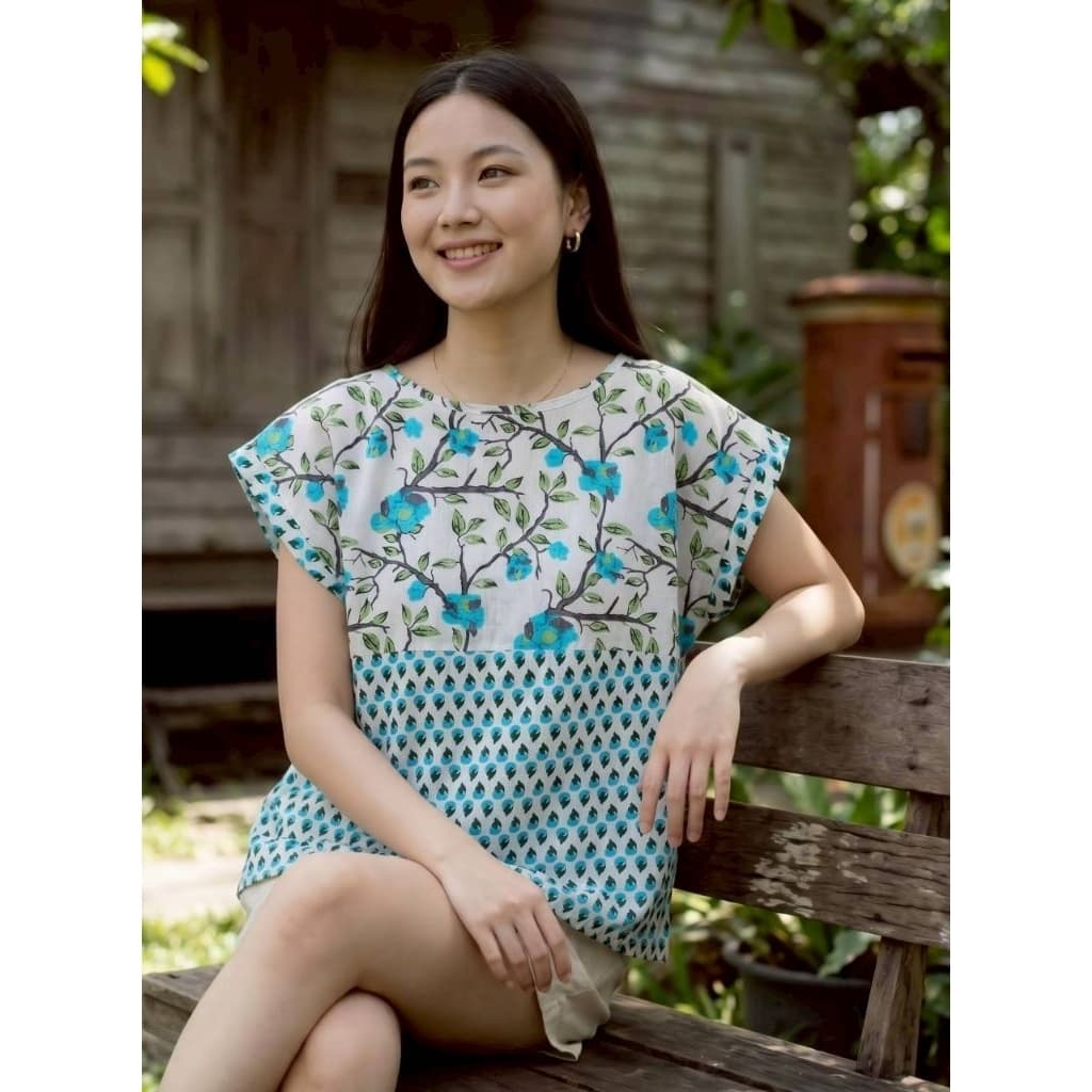 เสื้อคอปาด ทรงแขนปีกค้างคาวสั้น ไซส์40", 42" และ44" ยาว22" ผ้าตัดต่อคอตต้อนอินเดีย รูปที่ 3