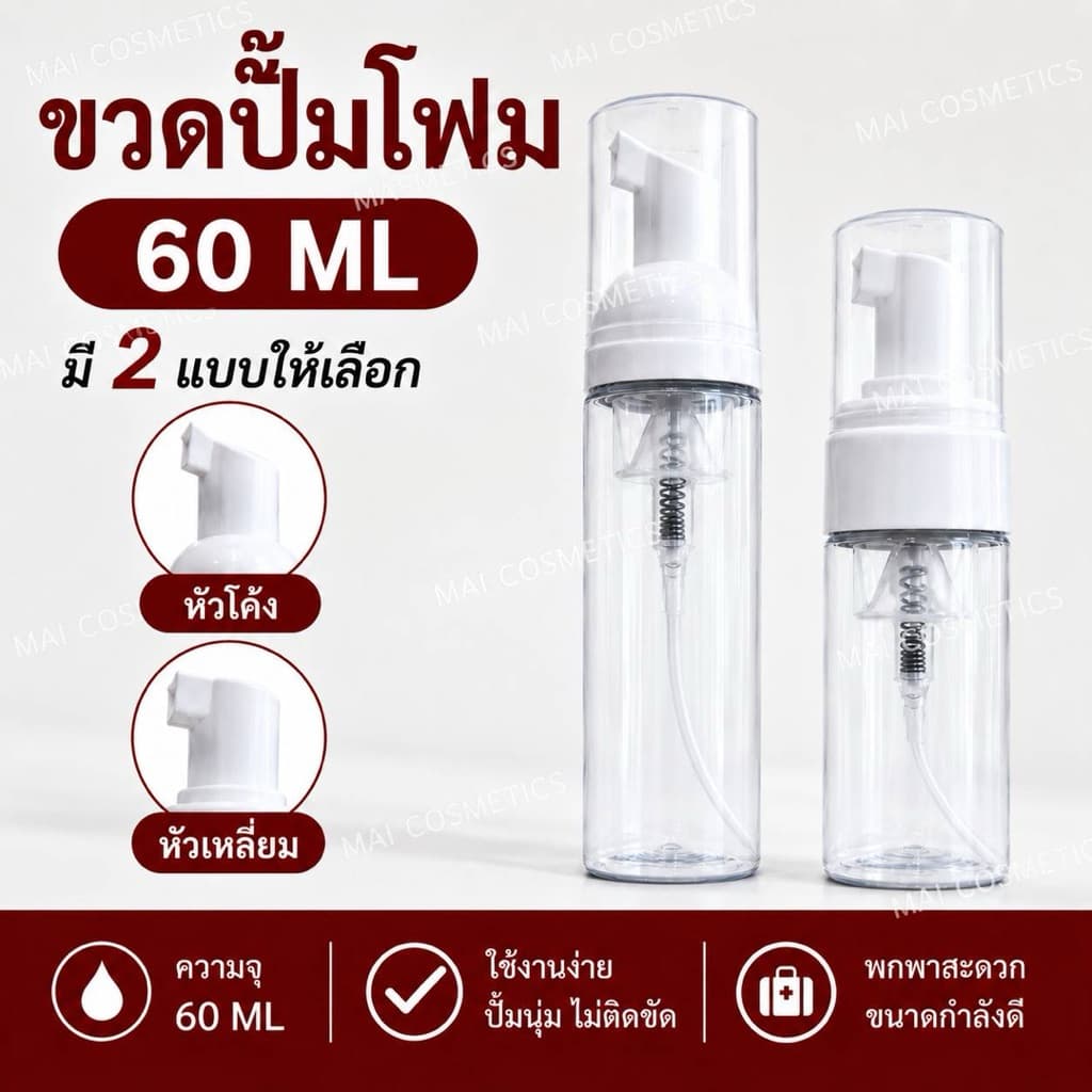 * * ขวดปั๊มโฟม 60 ml มีหัวปั๊มให้เลือก2แบบ ขวดปั๊มมูส ขวด PET แบบใส รูปที่ 1