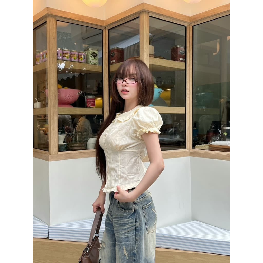 Mamildya.shop เสื้อเชิ้ตแขนสั้นคอบัวทรงแขนตุ๊กตา/ J1-3/COOK-บัวลอน รูปที่ 7