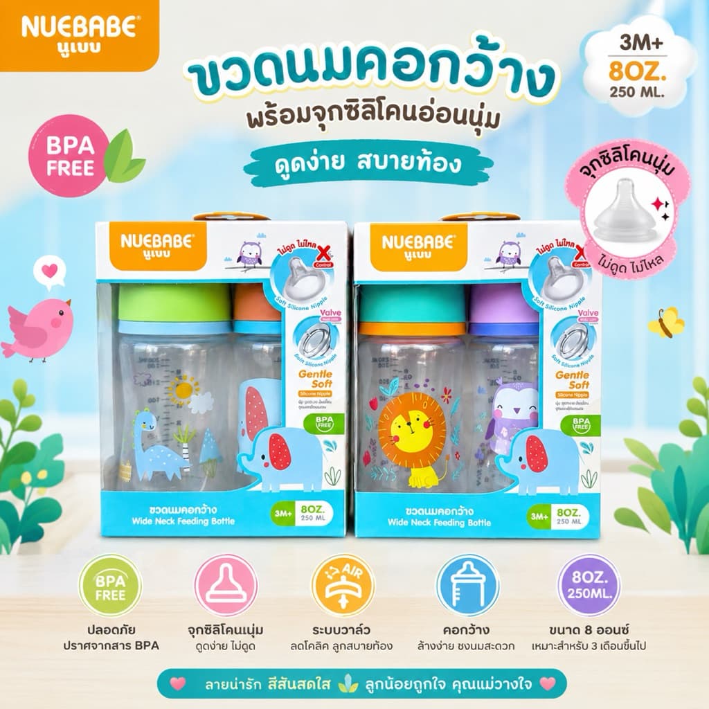 NUEBABE ขวดนมคอกว้าง ขนาด 4/8 ออนซ์ พร้อม จุกนมมีวาล์ว ลดอาการโคลิค แพ็คคู่ รูปที่ 4