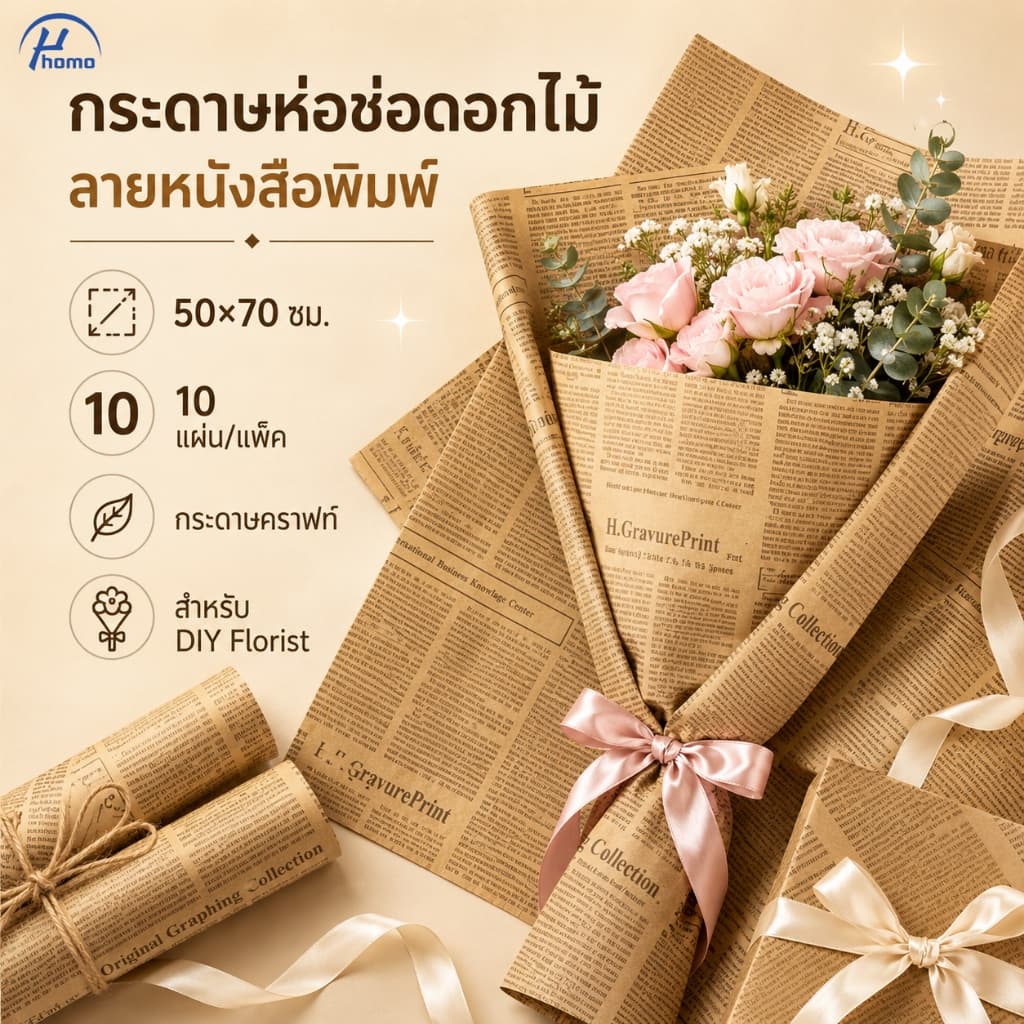 กระดาษห่อช่อดอกไม้ ลายหนังสือพิมพ์ 50×70 ซม. 10 แผ่น/แพ็ค กระดาษคราฟท์ สำหรับจัดช่อดอกไม้ DIY รูปที่ 1