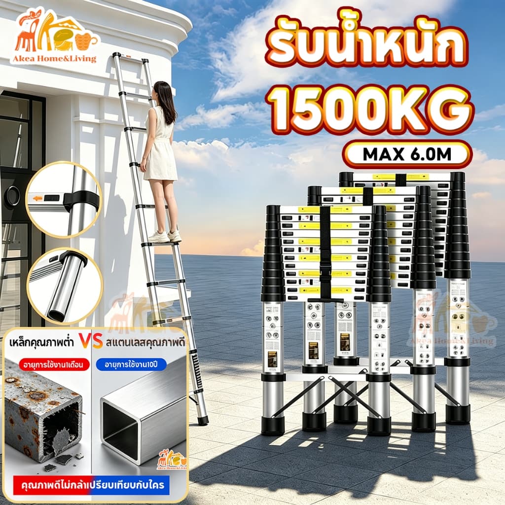 บันได บันไดพับได้ บันไดสแตนเลส บันไดช่าง รับน้ำหนักได้ 500KG ความยาว1.9-6เมตร ยืดหดได้ พกพาสะดวก แข็งแรงไม่โยก ทนทาน รูปที่ 1