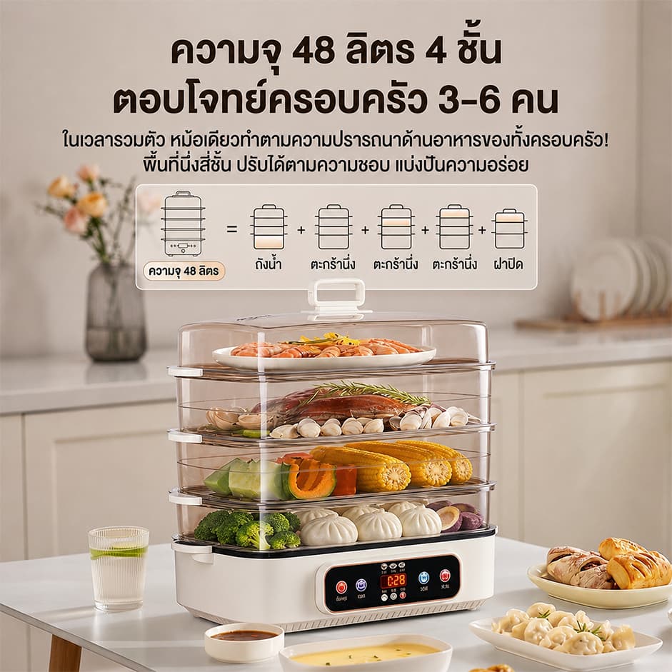 หม้อนึ่งไฟฟ้า 4 ชั้น ความจุเยอะ 48L หม้อนึ่งอเนกประสงค์ ตั้งเวลาได้ สุกี้ชาบู/นึ่งปลา/ผัก Tixx รูปที่ 2