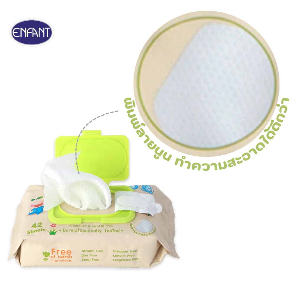 ENFANT ผ้าเช็ดทำความสะอาดแบบเปียก สูตรน้ำ EDI 99.9% 1แพ็ก/2ห่อ + ขนาดพกพา 1แพ็ก/8ห่อ รูปที่ 2
