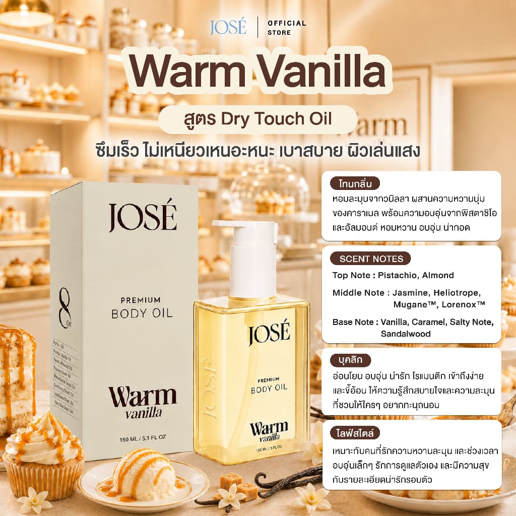 - JOSE Premium Body Oil Warm Vanilla โจเซ่ พรีเมียม บอดี้ ออยล์ กลิ่นวอร์ม วนิลลา 1 ขวด รูปที่ 3