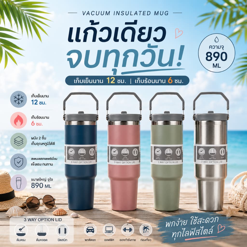 890ml ขวดน้ำเก็บอุณหภูมิ แก้วเก็บความเย็น ความร้อน ใส่เครื่องดื่ม น้ำ | casa & co. รูปที่ 1