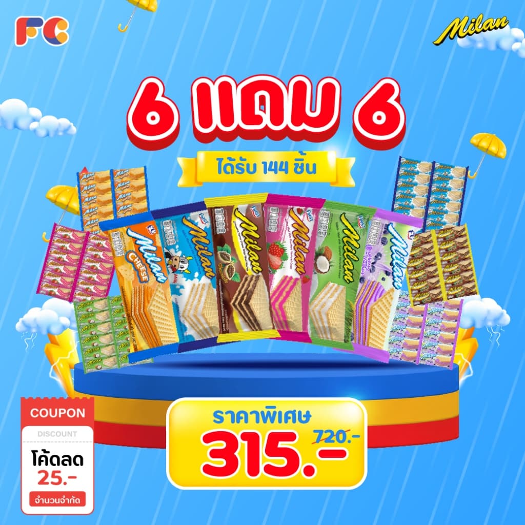 FC เวเฟอร์สอดไส้ครีม Milan Wafer รวมรส 6 รสชาติ แพ็คใหญ่ 144 ชิ้น เวเฟอร์กรอบ รูปที่ 1