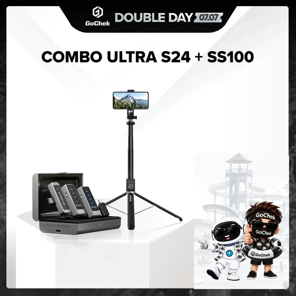 คอมโบไมค์ไร้สาย GoChek S24 + ไม้เซลฟี่ tripod/ขาตั้งกล้อง คอมโบอเนกประสงค์ เหมาะสำหรับไลฟ์สด ถ่ายวิดีโอ บันทึกเสียง รูปที่ 1