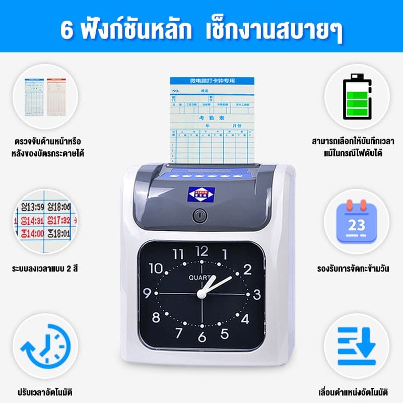 Phlinice เครื่องตอกบัตร เครื่องลงเวลา แถมฟรี บัตรตอก 100 ใบ ระบบการพิมพ์ชนิดดึงและคืนบัตรอัตโนมัติ รูปที่ 2