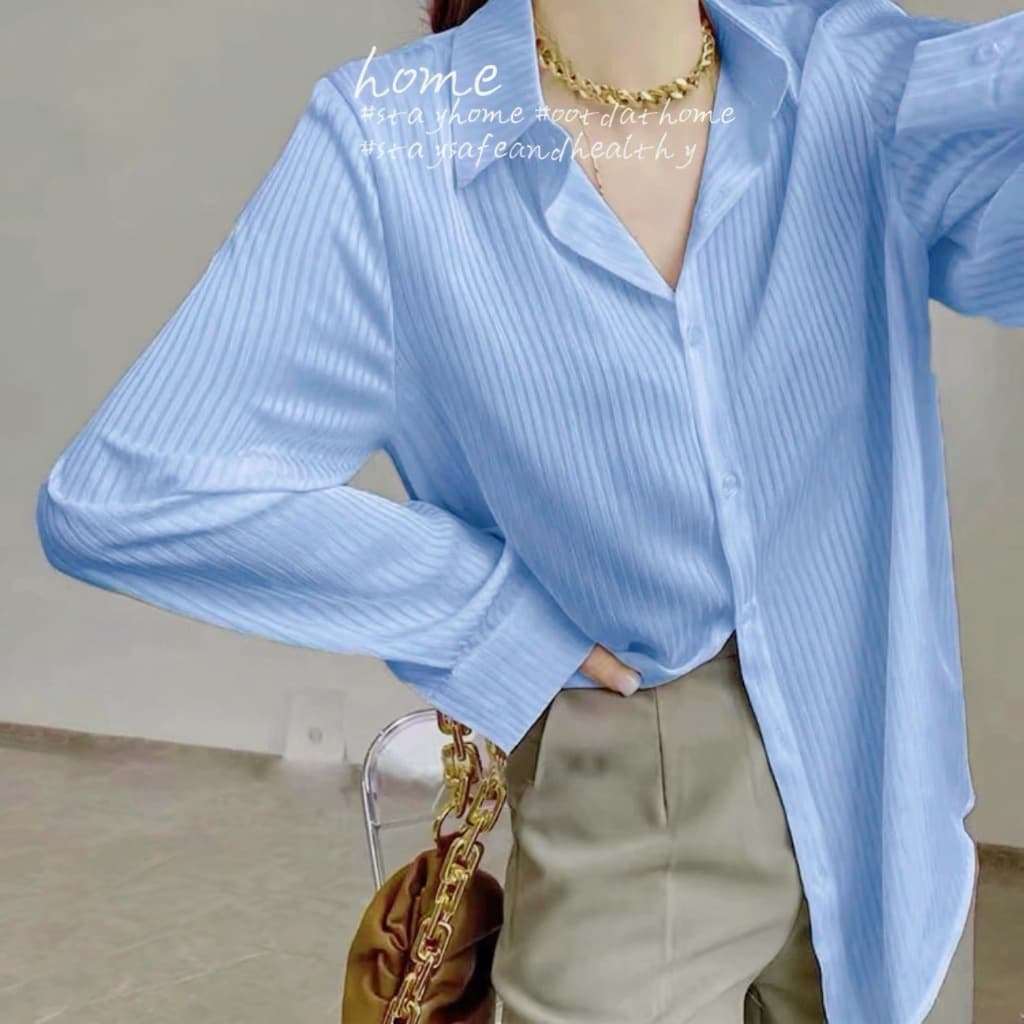 เสื้อเชิ้ตสีพื้นผ้าซาติน แขนยาวลายทาง แฟชั่น ทรงสวยทรงหลวมๆ แนวสาวออฟฟิศวันสบายๆชิคๆ #MO8018 รูปที่ 7