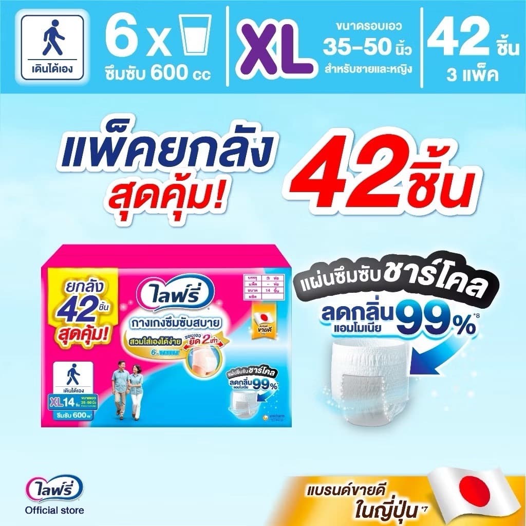 ไลฟ์รี่ ผ้าอ้อมผู้ใหญ่ Lifree กางเกง ยกลัง มีลังเล็ก ซึมซับสบาย และ ซึมซับมาก , แผ่นรอง รูปที่ 2