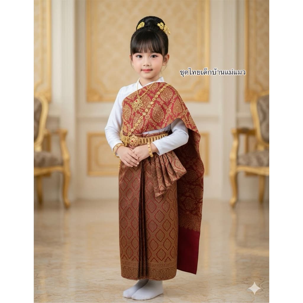 ชุดไทยเด็กหญิงสไบปักนูนผ้าถุงสำเร็จไหมแพรวา งานแยก3ชิ้น รูปที่ 3