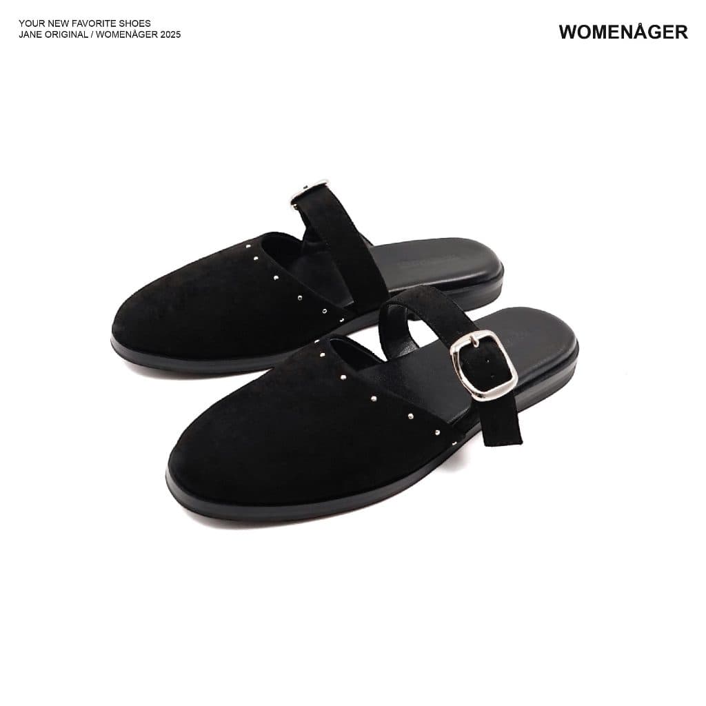 womenager - Jane Original สี Black suede with metal studs รองเท้าแตะคัทชูเปิดส้น สวมใส่ง่าย รูปที่ 1