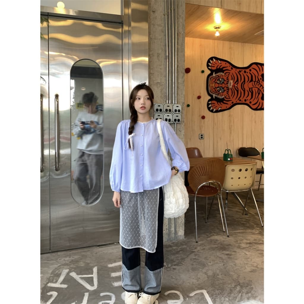 cherryshop เสื้อแฟชั่นเชิ้ตผู้หญิงเกาหลีสีน้ำเงิน กระดุมมุกคอกลม เสื้อน่ารักๆแขนยาวลายทาง หลวมและบาง สไตล์หวานๆ รูปที่ 8