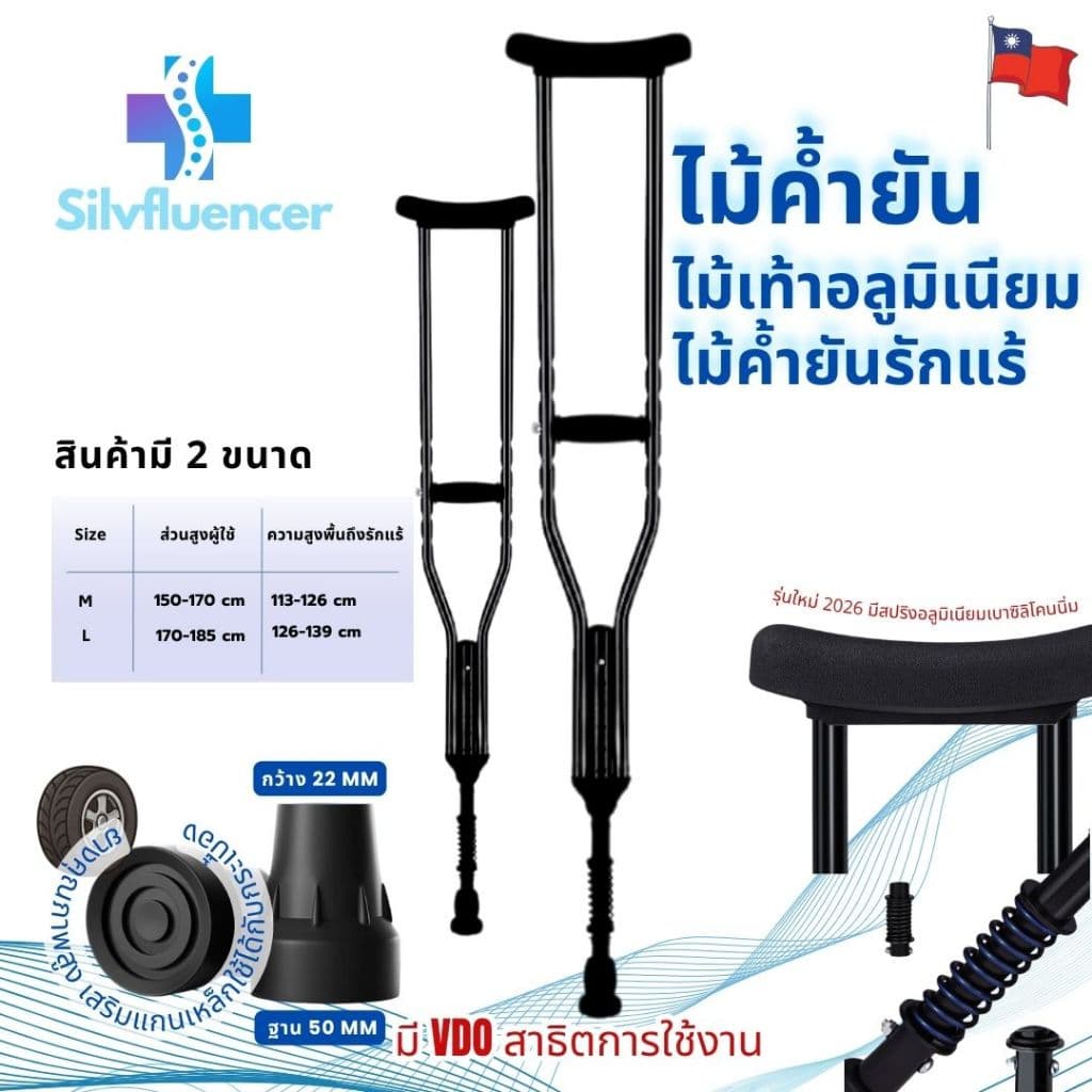ไม้ค้ำยันรักแร้อลูมิเนียมอัลลอยด์สีดำ ไม้เท้าช่วยเดินพยุงร่างกาย รุ่นใหม่ขาซอฟสปริง แพ็ค ใน 24 ชม. รูปที่ 2