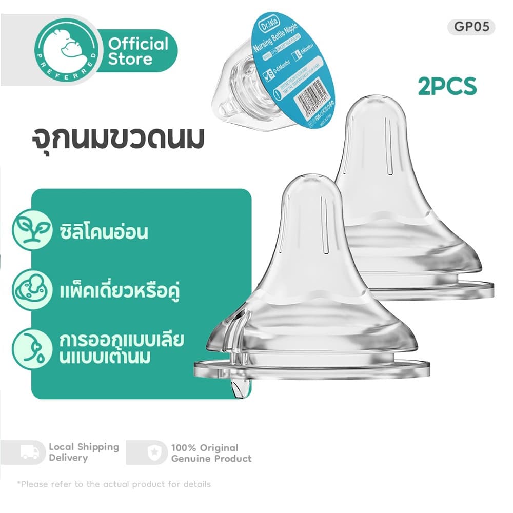 Preferred 2pcs จุกนมซิลิโคน จุกนมคอกว้าง จุกนมกันโคลิค จุกนม ไม่ดูดไม่ไหล มีขนาด S/L GP05 รูปที่ 1