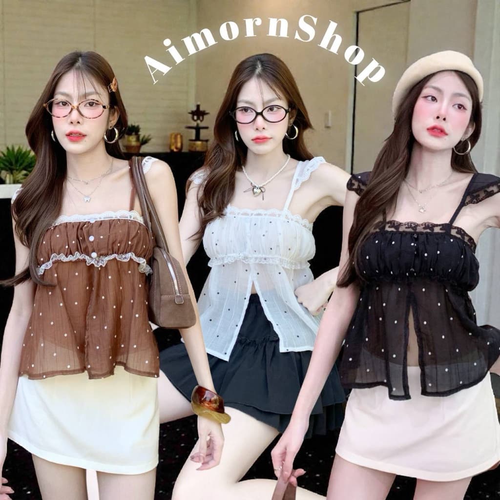 aimorn_shopเสื้อสายเดี่ยว ลายจุด ผ้าบาง ขอบติดลูกไม้น่ารักๆ ด้านหน้าแหวกเพิ่มความเซ็กซี่ งานใส่สบาย รูปที่ 1
