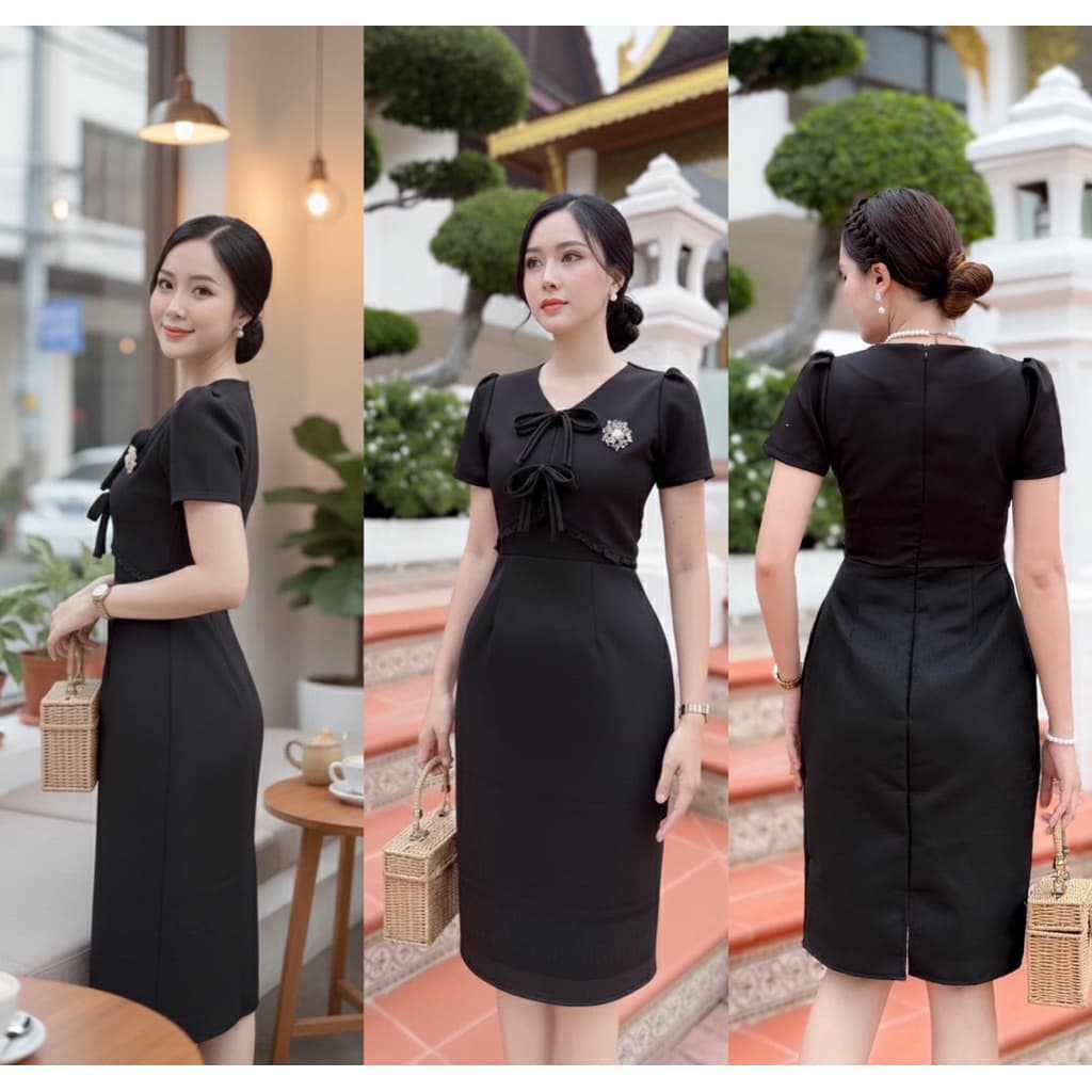 ชุดผ้าทออัดกาว เดรสสีดำ ชุดสีดำ ชุดเดรสสีดำ ชุดดำ ผ้าทอ ผ้าฝ้าย อัดกาวทั้งชุด ทรงตรง เข้ารูป รูปที่ 4