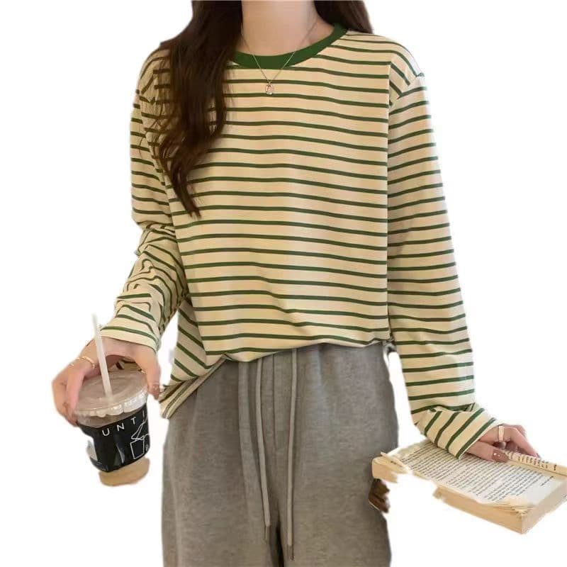สินค้า เสื้อยืดคอกลม แขนยาว เสื้อยืดลำลอง ลายทางสไตล์เกาหลี ผ้าใส่สบายสำหรับผู้หญิง รูปที่ 5