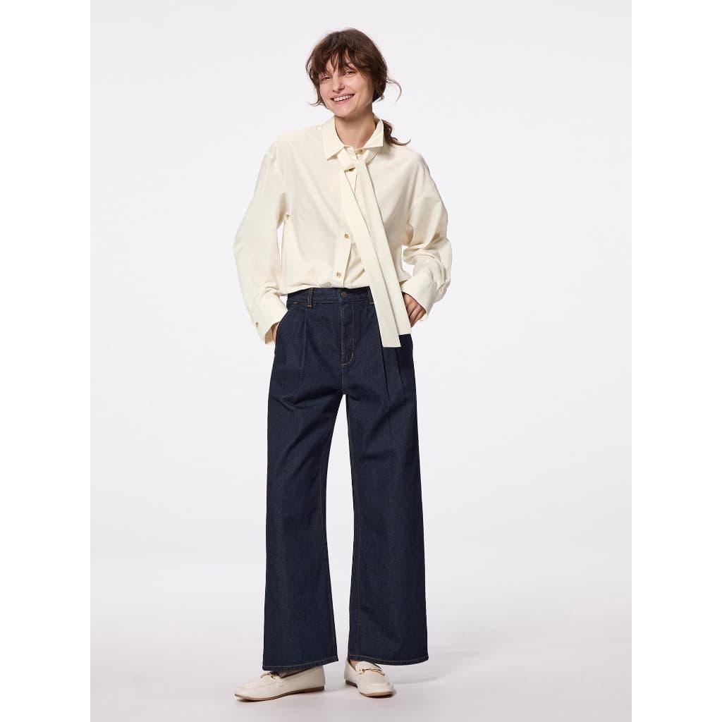 GU กางเกงผ้าเดนิมส์ จับจีบ ทรงขากว้างตรง เอวสูง /GU Denim Tuck Trouser รูปที่ 8