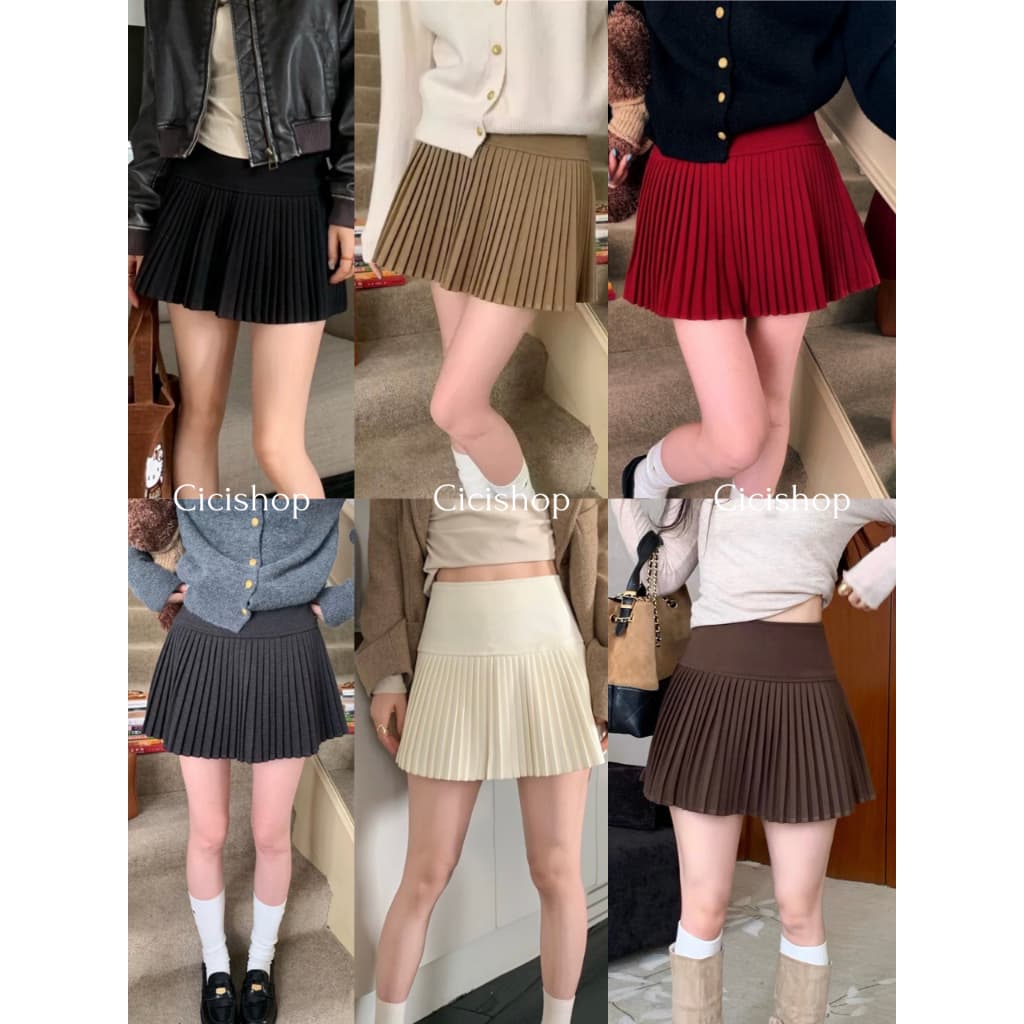 Cicishop กระโปรงพลีทจีบเล็ก มีซับใน ผ้าวูล สไตล์เกาหลีเกาใจน่ารักคิคุ รูปที่ 1