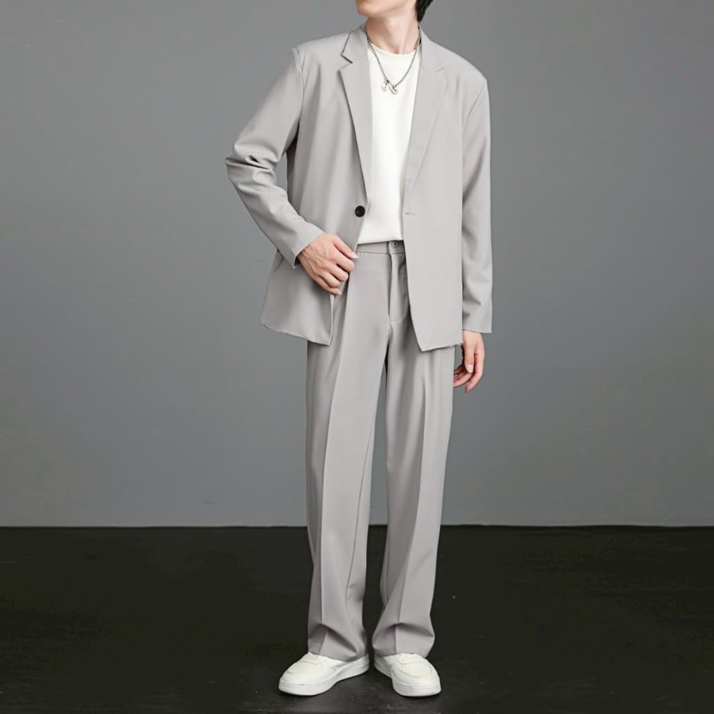 SUIT-M-04 เซ็ตสูทสีพื้น ใส่ทำงาน สไตล์เกาหลี สูทผู้ชายทรงหลวม เซ็ตสูทแฟชั่น ทรงสวยผ้านิ่มใส่สบาย รูปที่ 3