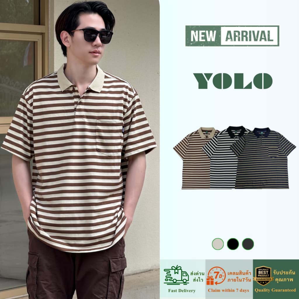 YOLO เสื้อยืดคอปก OVERSIZE เสื้อยืดคอปกโอเวอร์ไซส์ เสื้อคอตตอน คอปก แนวสตรีท Y2553
