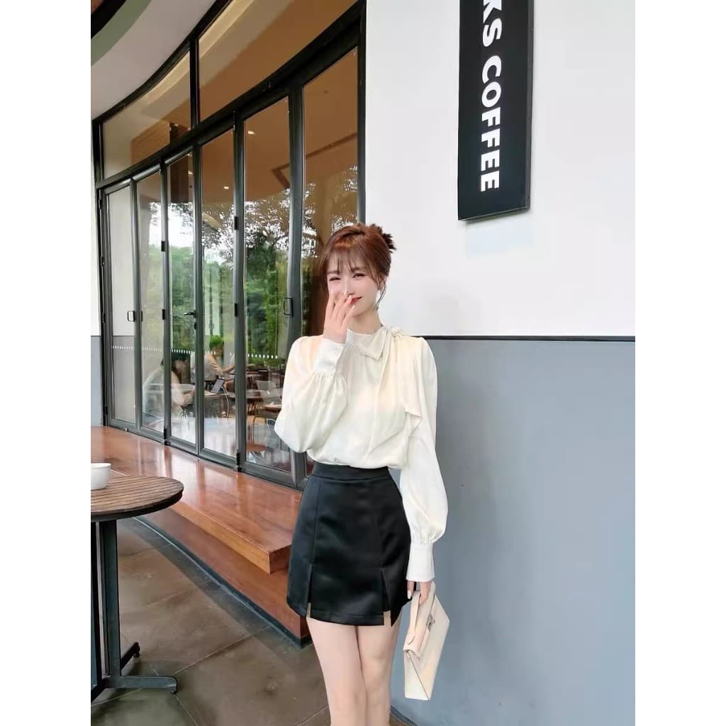 99316 akifoon.store เสื้อเบลาส์ผูกโบว์สไตล์เกาหลี/ฮ่องกงใหม่สำหรับผู้หญิง ดีไซน์เรียบง่ายแต่ใช้งานได้หลากหลาย เหมาะสำหรั รูปที่ 4