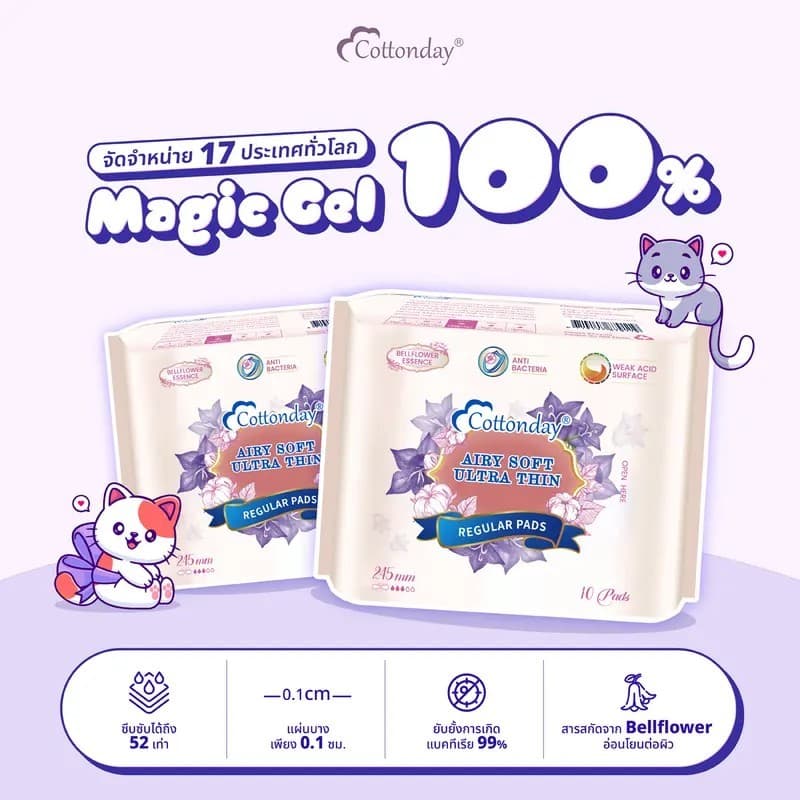 Cottonday ผ้าอนามัยสำหรับใช้กลางวัน สูตรกรดอ่อน กลิ่นบลูเบลล์ 245 มม. 10 ชิ้น 5 แพ็ก อ่อนโยนต่อผิว รูปที่ 2