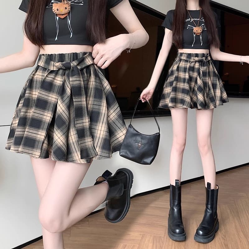 S~5XL Mini Plaid skirt สีน้ำตาล กระโปรงลายสก็อตเอวสูงสไตล์เกาหลีเรโทร กระโปรงสั้นทรงเอไลน์แบบไม่สมมาตรสุดเก๋ HOT รูปที่ 2