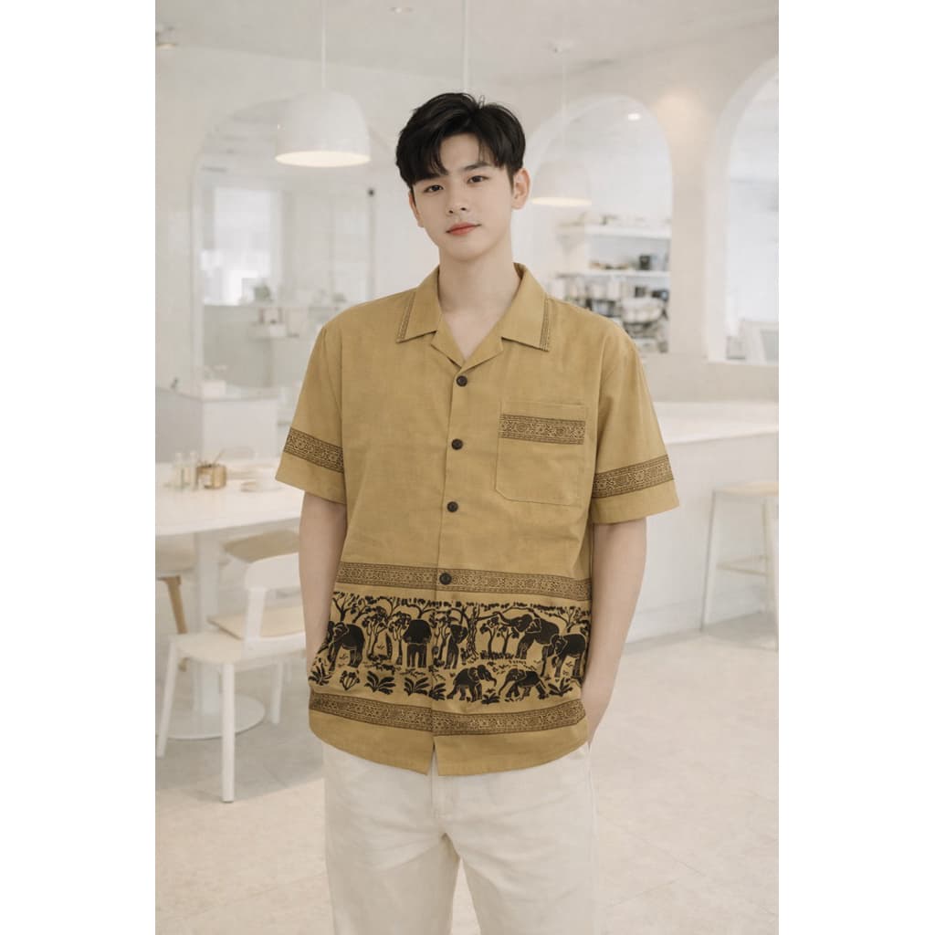 เสื้อผ้าฝ้าย เสื้อพื้นเมือง คอปก ผู้ชาย พิมพ์ลายช้าง แต่งกระดุมไม้ ผ้านุ่ม ใส่สบาย ไม่ร้อน รูปที่ 5