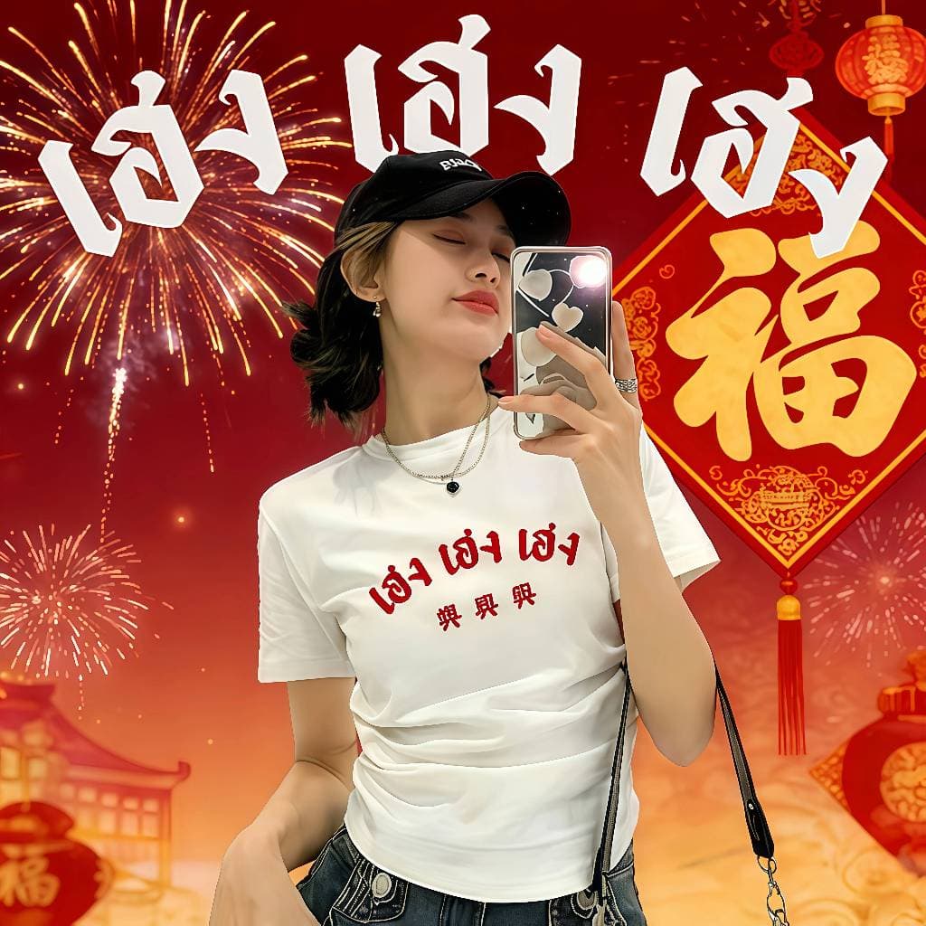 COD BOOM สาวอวบ เสื้อครอปเข้ารูปBaby tee สไตล์เกาหลี happy new year 2026 B020 รูปที่ 6