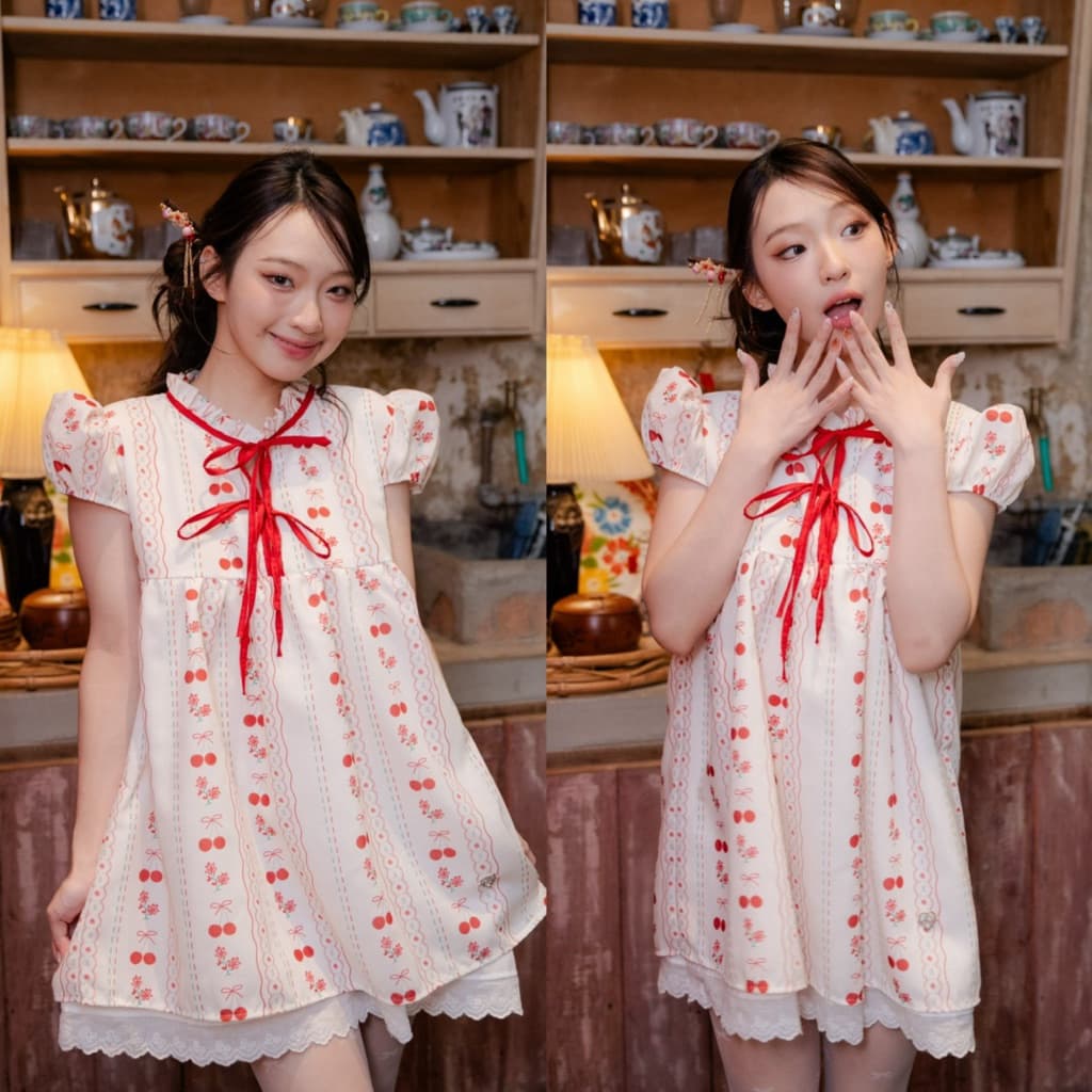 RIKA เป่าเป้ย มินิเดรสแขนกระป๋องคอระบายโบว์หน้า รูปที่ 2