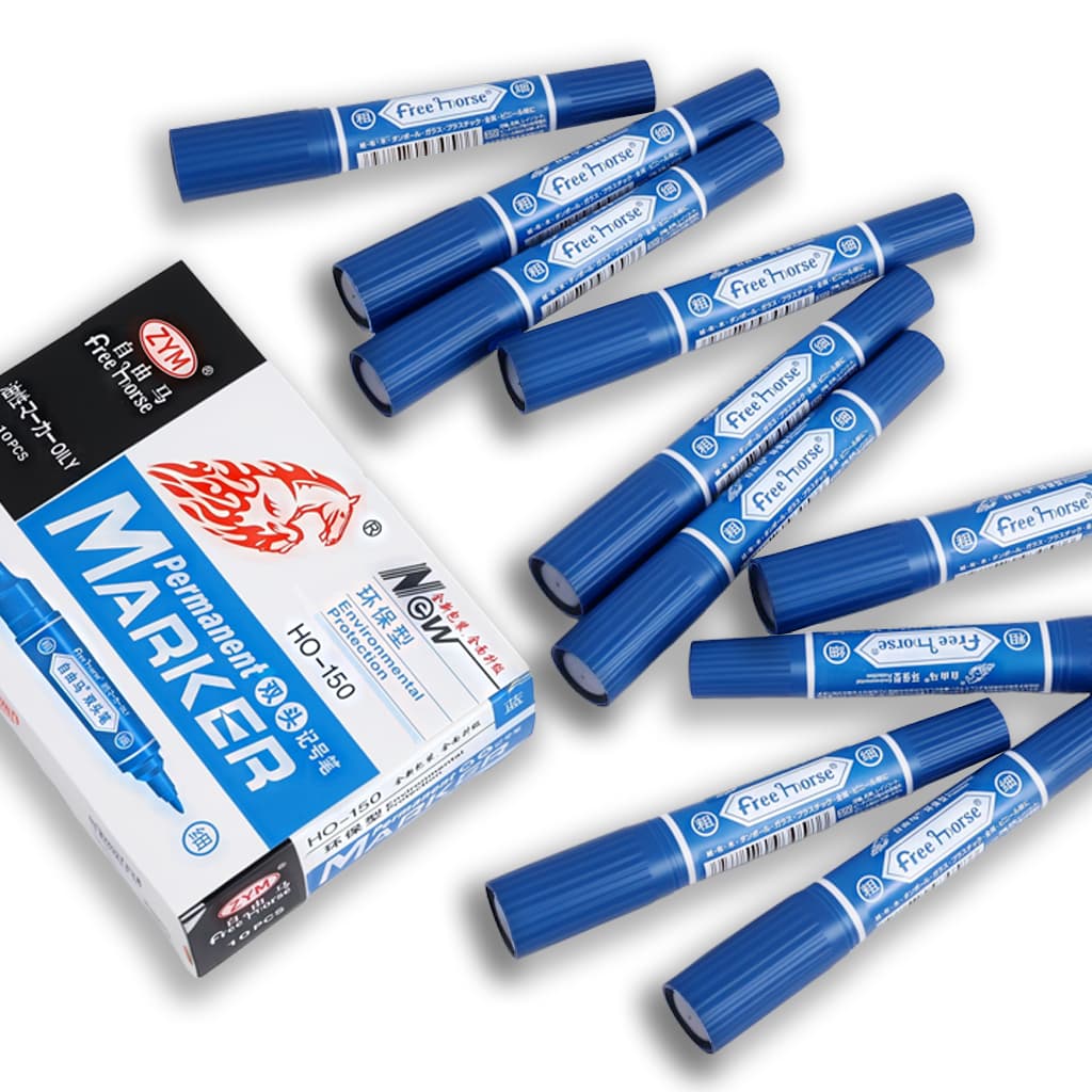 COD ปากกาเคมี ปากกาเมจิก 2 หัวตราม้า “สีน้ำเงิน, สีแดง, สีดำ” แพ็ค 10 ด้าม HORSE tip permanent marker ปากกาสี รูปที่ 1