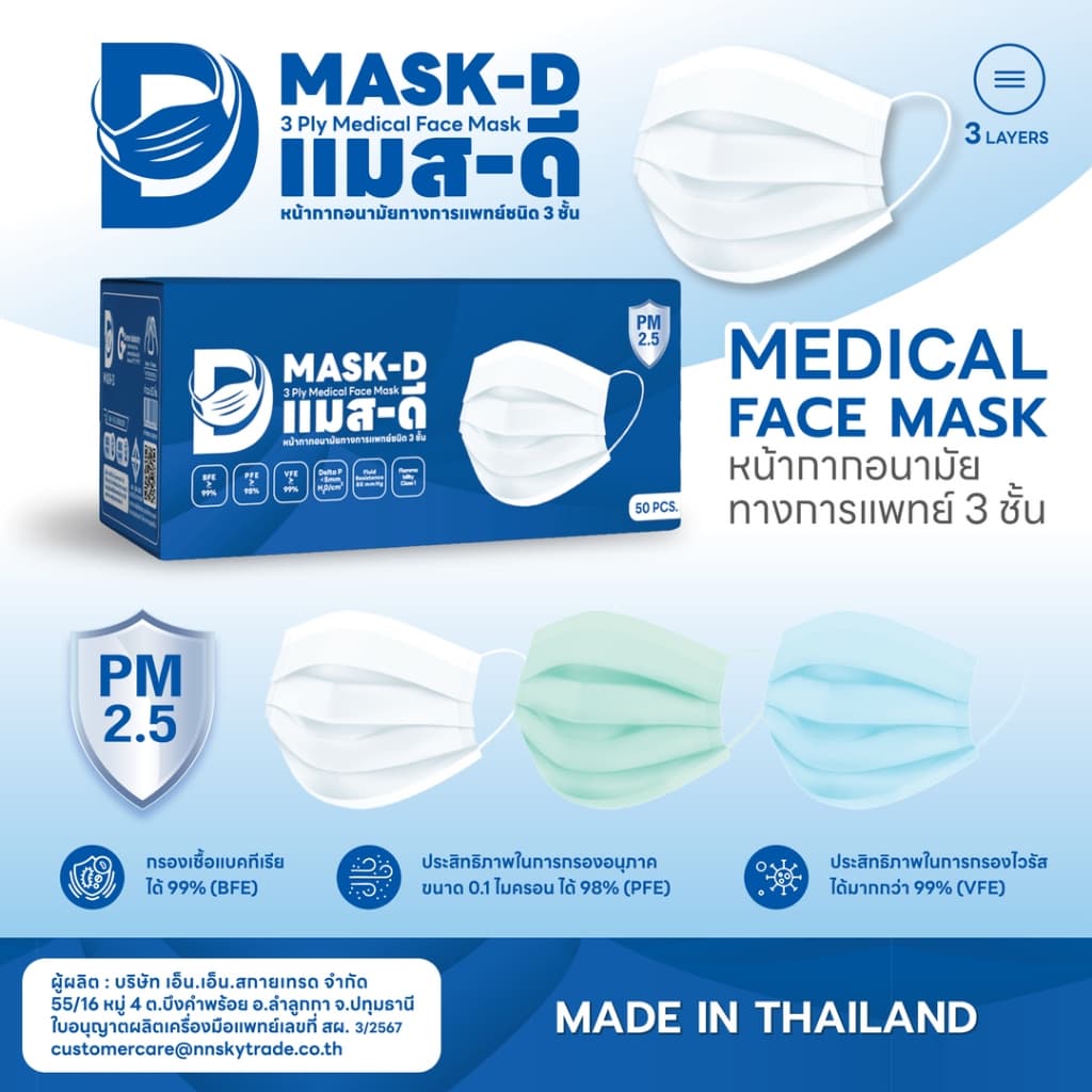 Mask-D แมส pm2.5 หน้ากากอนามัยทางการแพทย์ 3 ชั้น ชนิดยางยืดหูนอก ป้องกันฝุ่นPM2.5 จำนวน 50ชิ้น/กล่อง รูปที่ 2