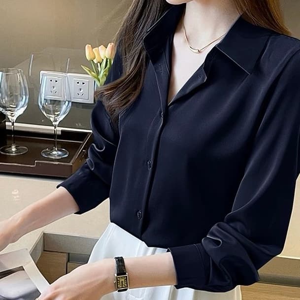 ผู้หญิง สีทึบแขนยาวเสื้อเชิ้ต สไตล์เกาหลี ทรงหลวม พื้นฐาน เรียบง่าย เสื้อ รูปที่ 9