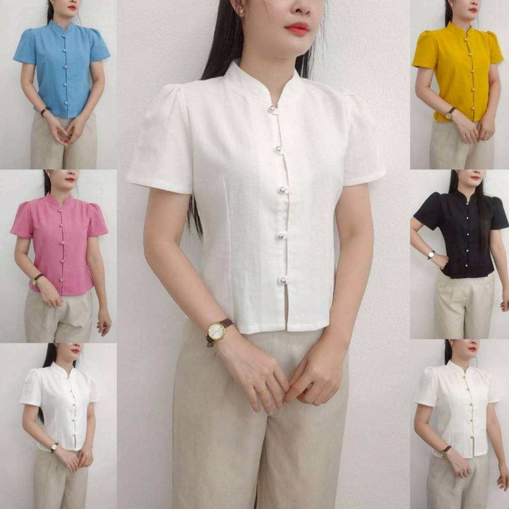 เสื้อผ้าฝ้าย ทรงจิตรลดาสีพื้น แขนสั้น รูปที่ 1