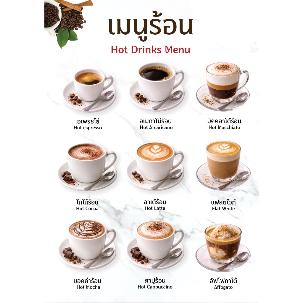 ป้ายเมนูเครื่องดื่มรวมกาแฟร้อน พื้นดำ ขนาด A4/A3 เคลือบใสกันน้ำ! รูปที่ 3