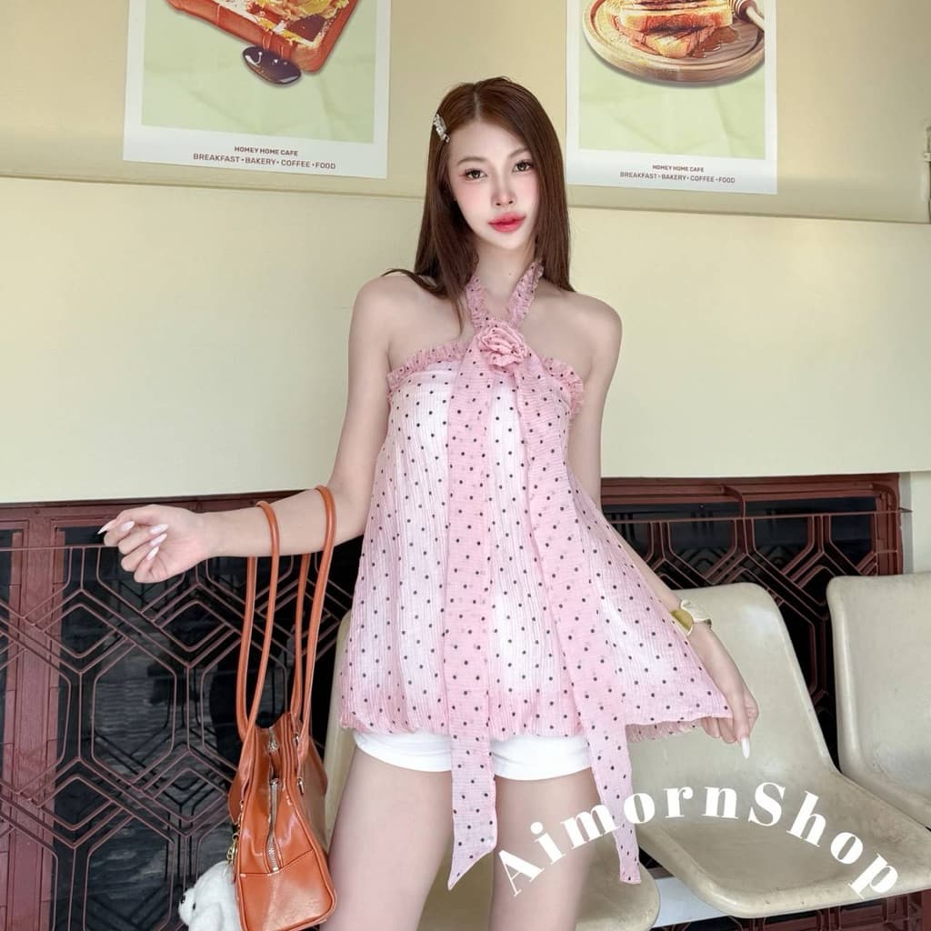 aimorn_shopเสื้อคล้องคอ ทรงบอลลูน ลายจุด สม็อคหลัง งานผ้าพริ้ว ผ้าใส่สบาย ฮิตสุดๆ รูปที่ 4