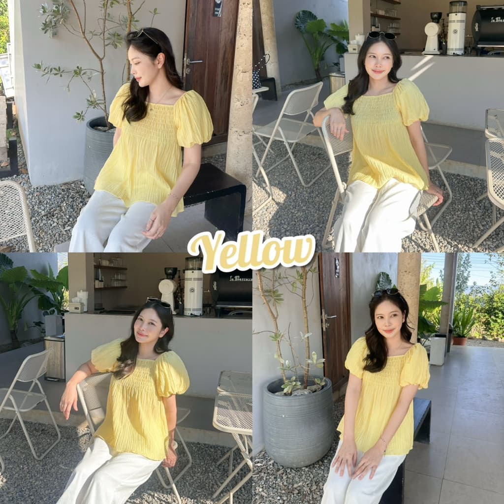 SUNNY BLOUSE เสื้อคอเหลี่ยมแขนพองทรงบอลลูน สม็อคช่วงอก ยืดได้เยอะ ผ้าฝ้ายผสมอัดยับย่น รูปที่ 3