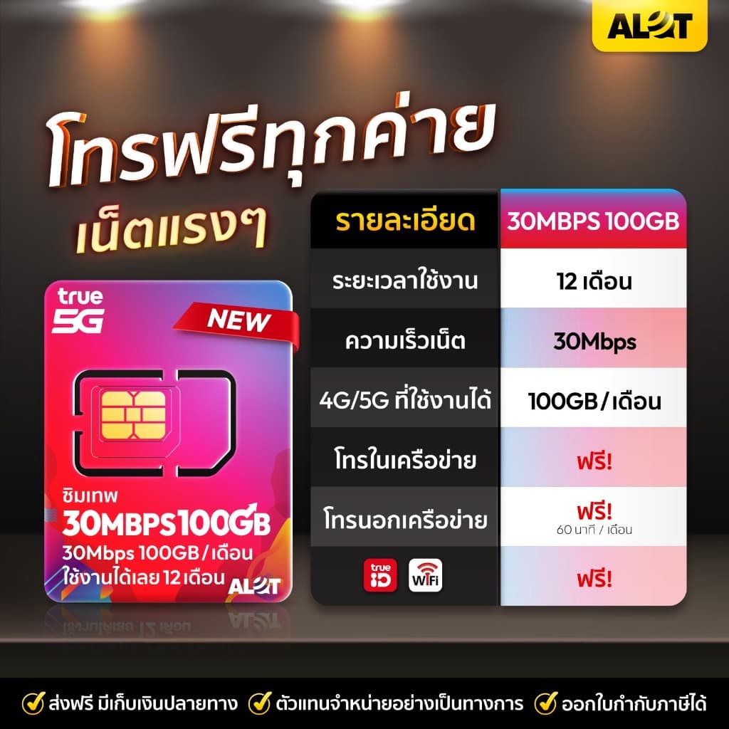ซิมรายปี 100GB / เดือน ซิมเน็ต ทรู โทรฟรีทุกค่าย Sim เทพ 5G Alot รูปที่ 2